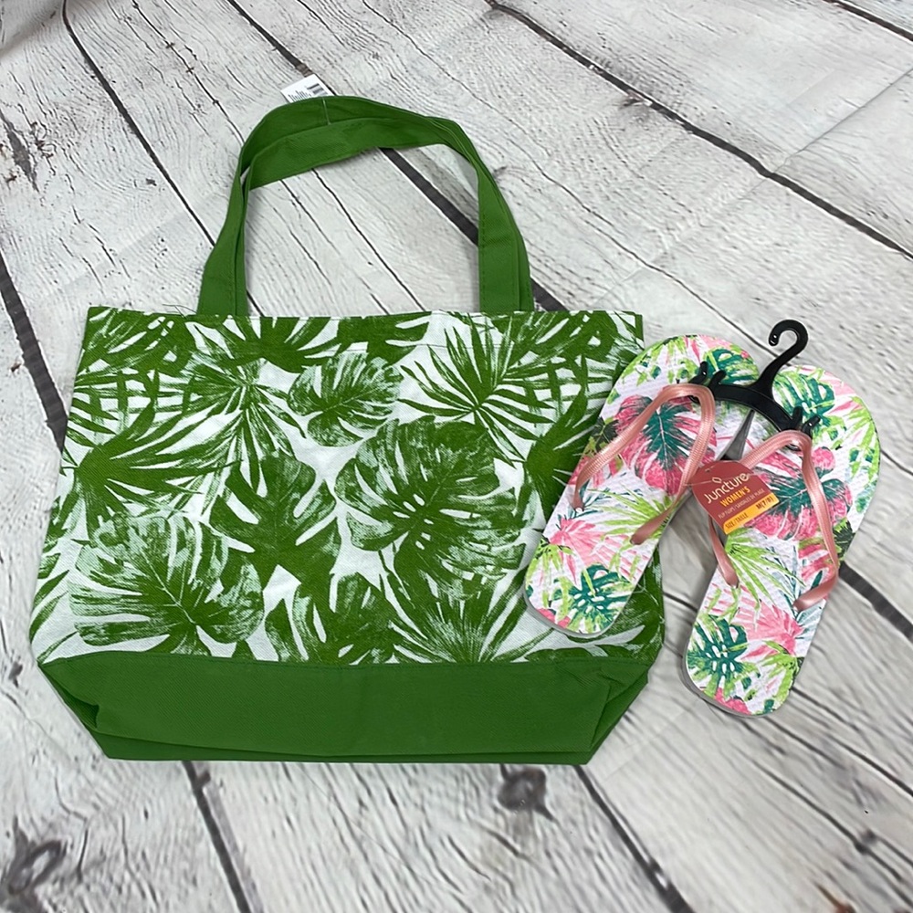 Palm leaves beach bag & M 7/8) flip flop set